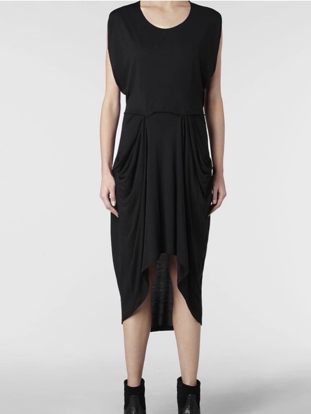 All Saints Zoe Yuano Black Draped Cold Shoulder Pocket Midi Dress Portugal Siz 2